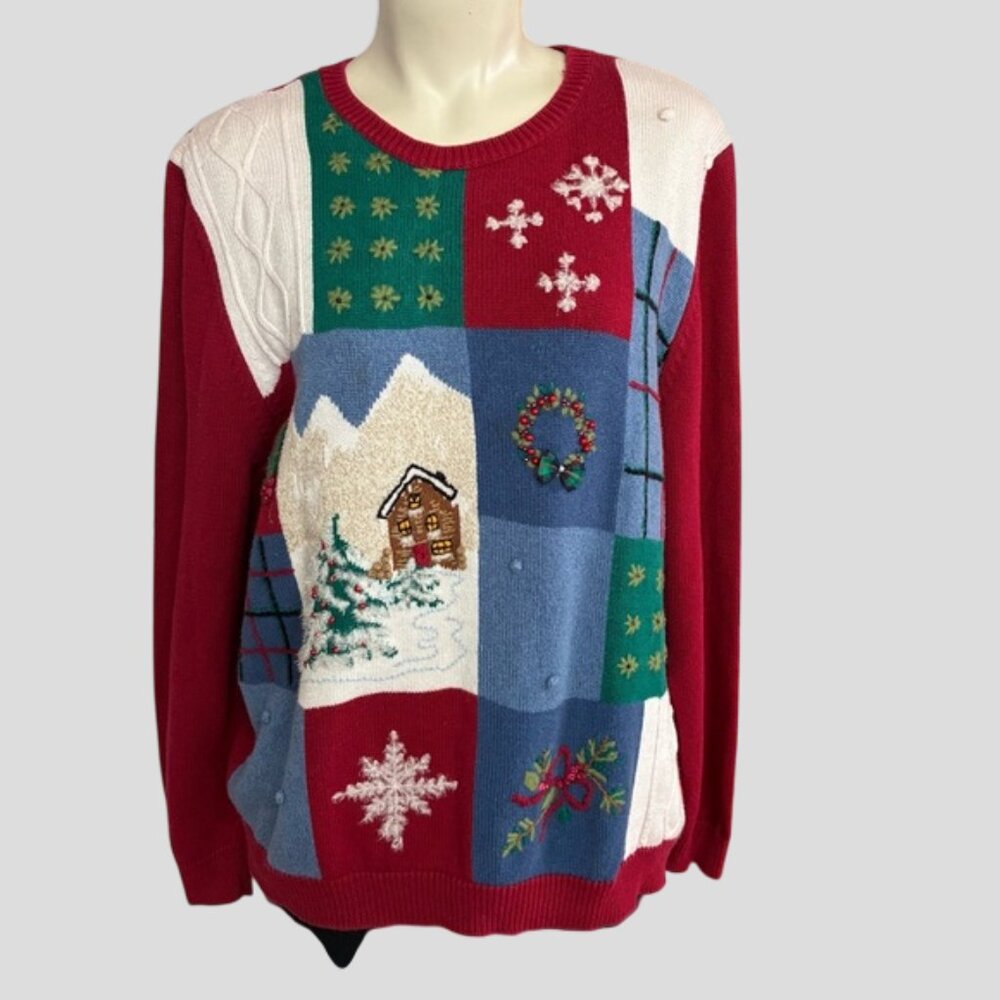 Alfred Dunner Holiday Christmas Knit Sweater, w/Winter House, Wreath, Snowflakes